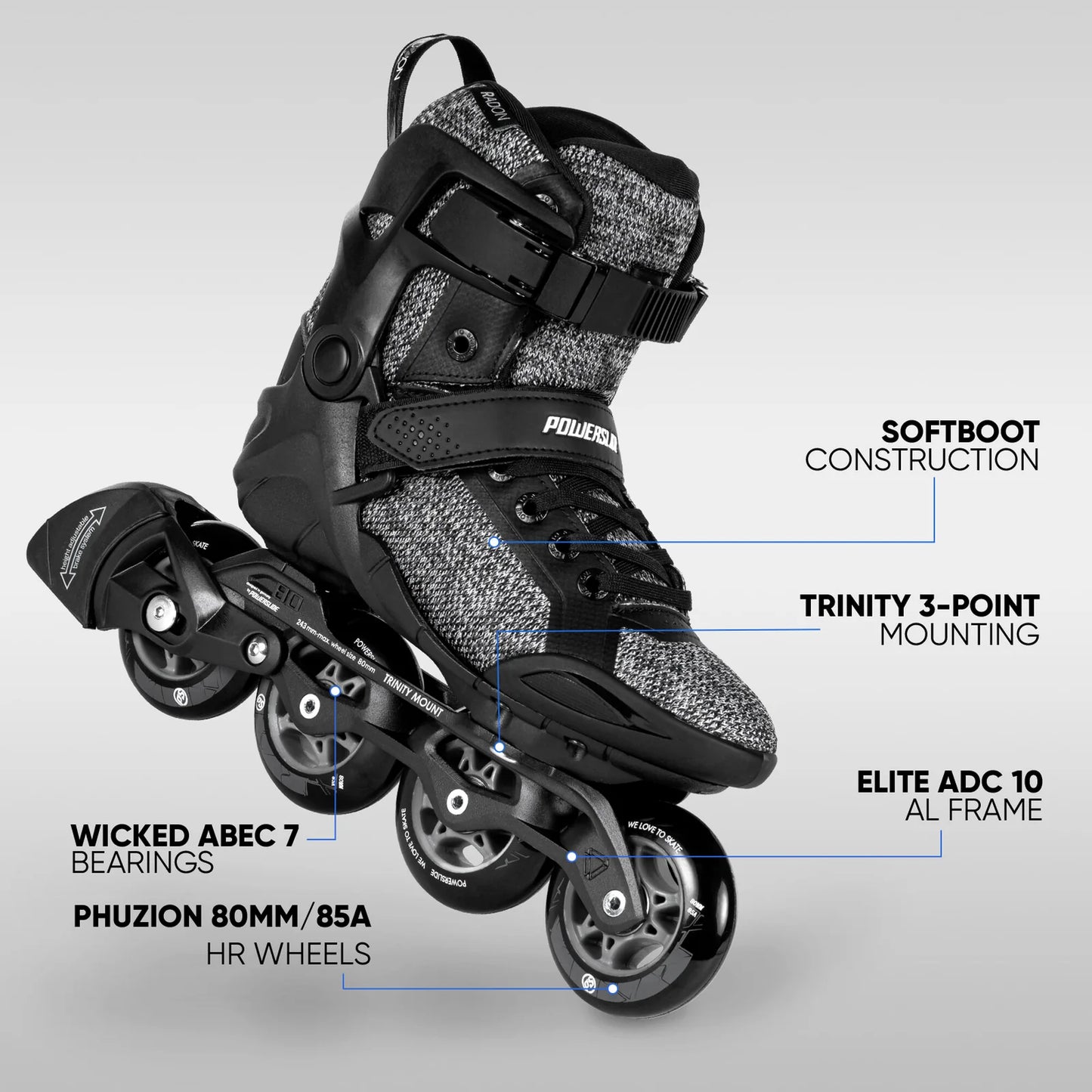 Powerslide Phuzion Radon Black White 80 fitness inline skates with TRINITY mount for urban skating
