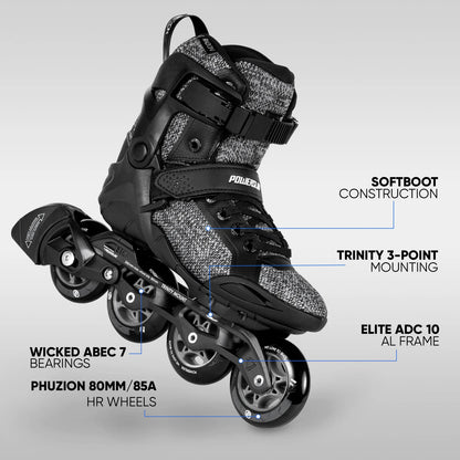 Powerslide Phuzion Radon Black White 80 fitness inline skates with TRINITY mount for urban skating